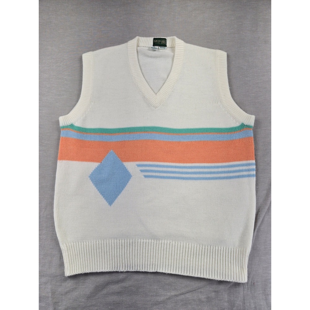Vintage Izod Club Mens White Striped Geometric V-Neck Sweater Vest Large M292